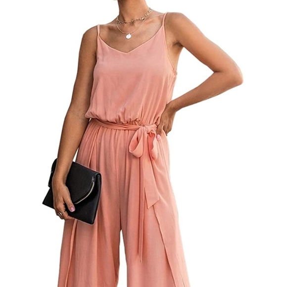 ⭐ HP ⭐ Blush Pink Split Wide Leg Spaghetti Strap Chiffon Cute Trendy Jumpsuit - Picture 6 of 10